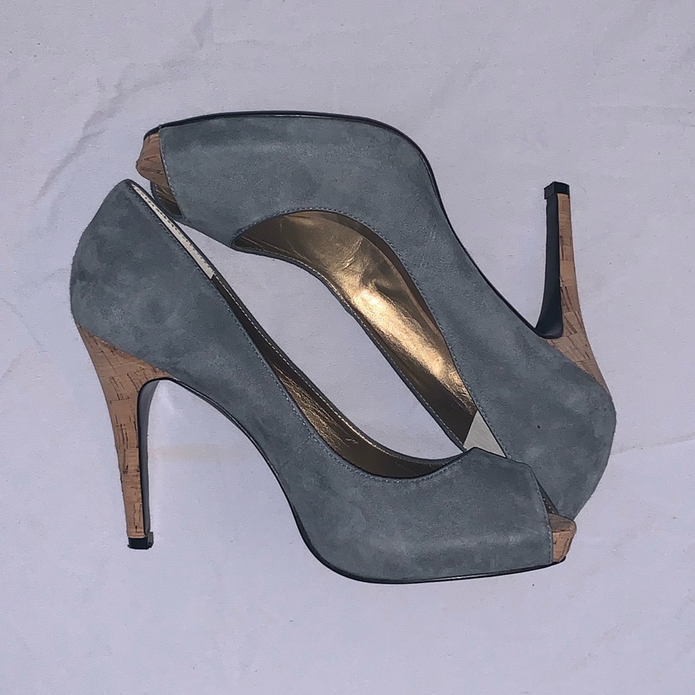 Guess Marciano Suede Peep-Toe 4” Heels Gray/Tan